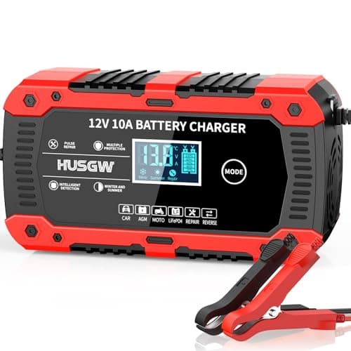 10A 12V Caricabatteria da Auto, Multi Protezioni Mantenitore Batteria Moto, Intelligente Carica Batteria Portatile con Schermo LCD per Moto, Auto, Batteria AGM, Barche