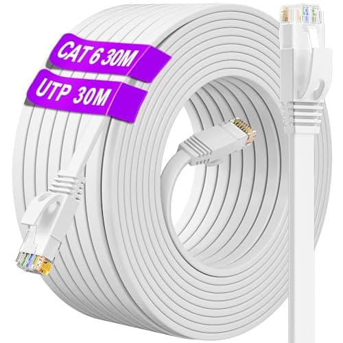 Cavo Ethernet 30 metri, Piatto Cavo LAN 30 metri Cat 6 Cavo di Rete Esterno Interno, Bianco Lungo Alta Velocità RJ45 Cavo Internet 250MHz 1000Mbps, Gigabit Cavo Patch per Router Switch PC (30 Clips)