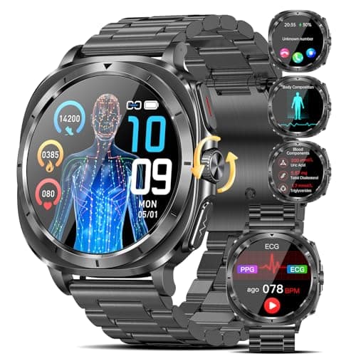 2025 Smartwatch Uomo con ECG/Acido Urico/Pressione Arteriosa/BMI/Sonno/Temperatura Corporea/Cardiofrequenzimetro,1,43"AMOLED 𝐆li𝐜𝐞𝐦𝐢𝐚 Orologio con NFC Apre la Porta,Pulsante SOS,IP68 iOS Android