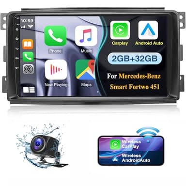 2G+32G Android Autoradio per Benz Smart Fortwo 451 2005-2010 con Carplay Android Auto GPS Navigatore Bluetooth,Stereo 2 DIN con Schermo da 9 Pollici,Mirror Link WiFi/FM/RDS+Retrocamera