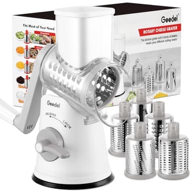 Geedel Grattugia per Formaggio Rotante, Affettatrice per Verdure con 5 Lame a Tamburo, Grattugia Rotante Facile da Pulire, Grattugia per Verdure per Tagliare Formaggio Verdure Frutta e Noci Bianco