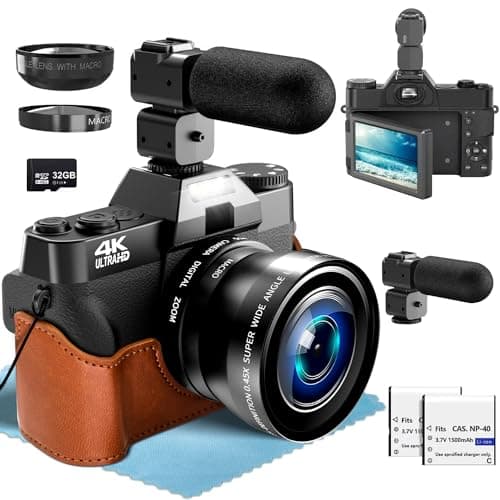 4k Macchina Fotografica Digitale, 56MP Vlogging Camera per YouTube con Schermo Flip 180°, 52mm grandangolare e obiettivo macro, 18X Zoom digitale, 2 batterie, 32GB SD Card