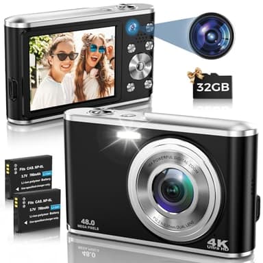 Macchina Fotografica Digitale con Scheda da 32GB, 4K Doppia Fotocamera Compatta 48MP con Zoom Digitale 16X e 2 Batterie per Adolescenti e Principianti (Nero)