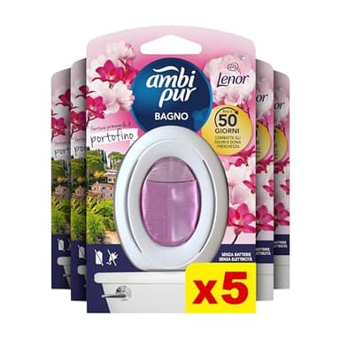 Ambi Pur Bagno Profumatore Per Ambienti, 5 Profumatori Bagno, Fragranza Lenor Portofino, Diffusore Ambiente Con Tecnologia Elimina Odori, Durata Fino a 50 Giorni Per Profumatore