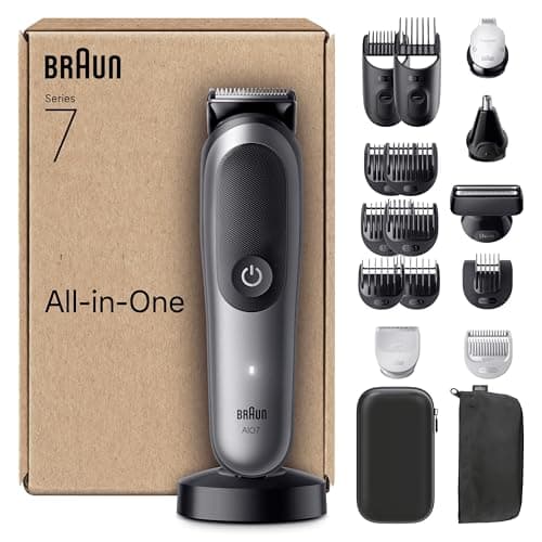 Braun Rifinitore All-In-One Series 7 AIO7585, Rasoio Elettrico Barba 18In1, Taglia Peli Naso E Orecchie, Macchinetta Per Capelli, Lama ProBlade, Tecnologia AutoSense, 120 Min Autonomia, Wet&Dry Grigio