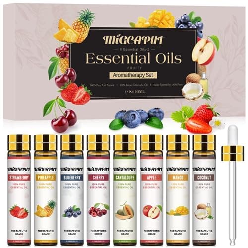 MIGCAPUT Set di Oli Essenziali Fruttati 8 x 10ML, 100% Naturale Puri Olio Essenziale di Aromaterapia per Diffusori, SPA, Massaggi, Bagno - Fragole, Cantalupo, Mirtilli, Ciliegie, Cocco, Mango, Ananas