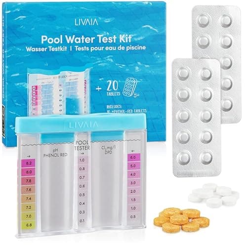 LIVAIA - Tester per misurare la concentrazione di cloro e il pH della piscina: set di 3 starter con contenitore di prova, 10 compresse di fenolo rosso, 10 compresse DPD1, tester di pH e cloro