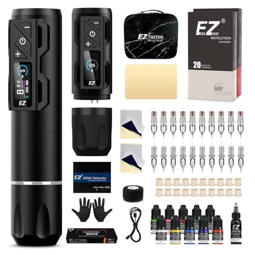 EZ Kit per Tatuaggi - Kit Macchina per Tatuaggi con Macchina per Tatuaggi Senza Fili, Batteria di Alimentazione da 1800mAh, 20Pz Aghi per Cartuccia Tatuaggio per Artisti del Tatuaggio (P2S Pro Nero)