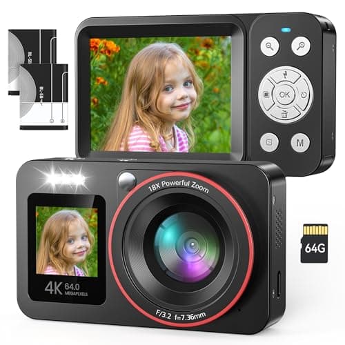 Fotocamera Digitale 4K 64MP FHD Macchina Fotografica Digitale 18X Zoom Fotocamere Digitali Compatte con Scheda 64GB con 2 Batteries, 2,4" LCD Bambini Studenti Principianti, Nero