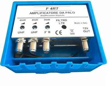 Vsnetwork Amplificatore Antenna TV da Palo con Filtro Lte/5G, Guadagno Massimo 40Db Regolabile, 2 Ingressi Uhf +1 Vhf, Bande separate