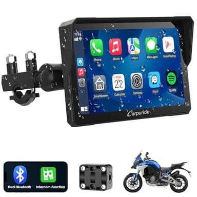 Carpuride W702 Pro Moto Carplay Schermo con Interfono Funzione, Senza Fili CarPlay e Android Auto, Portatile da 7 Pollici Impermeabile Touchscreen, Aggiornato Doppio Bluetooth, Navigazione, Bussola.