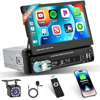Hikity Autoradio 1 DIN Wireless Carplay Android Auto, 7 Pollici Schermo Estraibile Stereo 1 DIN Radio Auto Bluetooth Vivavoce Mirror Link FM USB AUX Tipo C Telecamera Retromarcia