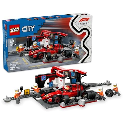 LEGO City Pit Stop e Meccanici con Monoposto Ferrari F1 - Kit Officina da Costruire con Macchina Giocattolo, Minifigure e Accessori, Giochi per Bambini da 6 Anni Fan delle Auto da Corsa Sportive 60443