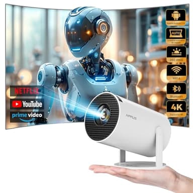HIPPUS Mini Proiettore 4K Android 11 Portatile, WiFi 6 e Bluetooth 5.2, Rotazione 270° con Correzione Automatica Trapezio, Videoproiettore HD per Home Cinema e Intrattenimento, Bianco