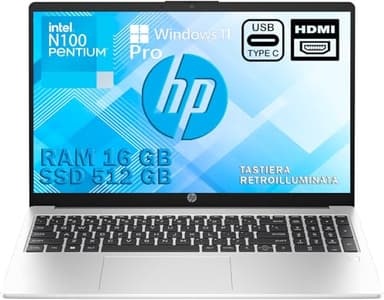 HP 250 G10 Silver Notebook,portatile, RAM 16GB, SSD 512GB, Display FullHD 15.6", Cpu Intel N100 4 Core da 3,4 GHz, tastiera retroilluminata, Win 11 Pro,Gar Italia