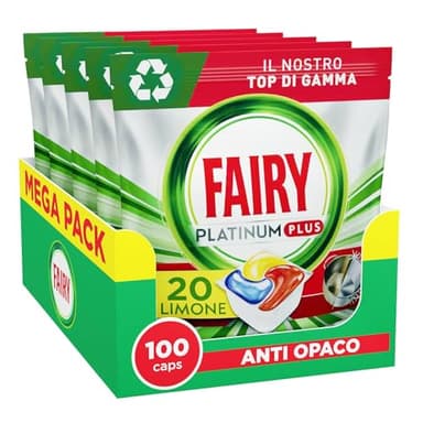 Fairy Platinum Plus Pastiglie Lavastoviglie, Detersivo Brillantante Lavastoviglie al Limone, 100 Lavaggi, 5x20 Capsule Lavastoviglie, Tecnologia Anti-Opaco con Azione Brillante