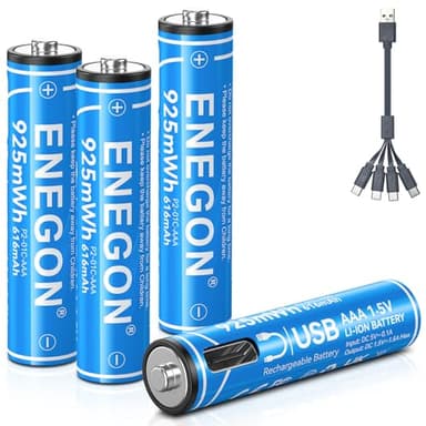 ENEGON AAA Batterie Ricaricabili 925mWh 1.5V Agli Ioni di Litio (4 pezzi), USB C AAA Ricaricabili Con Cavo di Ricarica 4-in-1 - Ricarica Tramite Tipo C, Non Richiede Caricabatterievvv