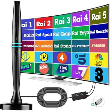 Yowrepu 2025 Antenna TV Interna, Portatile, Amplificata Potente con Base Magnetica/5m Cavo Coassiale/Connettore tipo F, Supporta DVB-T2/VHF/UHF, Compatibile con 4K/1080P - Blue