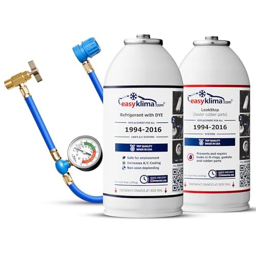 EasyKlima AC Kit di Ricarica Starter Pack with LeakStop - R134a Aria Condizionata a Gas - Kit di Riparazione e Rigenerazione Dell'aria Condizionata Facile e Veloce per Auto Prodotte dal 1995 al 2016