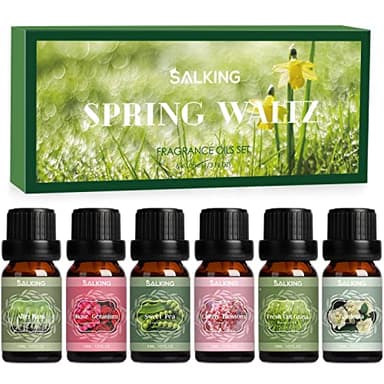 SALKING Oli Essenziali Primavera per Diffusori 6x10ml, Set di Olio Essenziale Puri per Aromaterapia - Dopo la pioggia, Erba fresca tagliata, Pisello dolce, Geranio rosa, Fiore di ciliegio, Gardenia