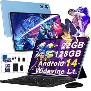 【2025 Newest】Tablet 10 Pollici con 22GB RAM+128GB ROM(TF 2TB) Octa-Core 2.0 GHz, Android 14 Tablet Widevine L1, 5G WiFi, Bluetooth 5.0, 1280 * 800pixels, 8000mAh, GMS Tablet con Tastiera e Mouse, Blue