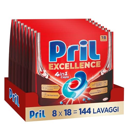 Pril Excellence 4in1 Caps, Detersivo Lavastoviglie in Caps a dissoluzione rapida, formato da 18x8 (144 capsule)