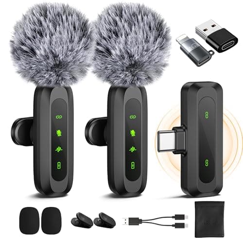 Jubolion Microfono Lavalier Wireless per iPhone/Android/PC (Lightning/USBC/USBA), 2 Pack LED Display Mini Microfono Bluetooth con Mute/Reverb/Riduzione del Rumore per TikTok/YouTube/Vlog (J3)