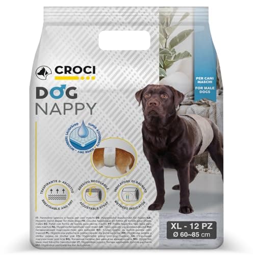 Croci Dog Nappy - Fascia Assorbente per cani maschi, taglia XL - Ø 60-85 cm, Mutanda pannolino igienico pipi cane, Antiodore, Usa e getta, Chiusura adesiva regolabile, 12 pz