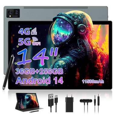 WOREGOO 14 pollici Android 14 Tablet, 5G WiFi e 4G LTE Touch, 36GB RAM + 256GB ROM (1TB TF), Octa-Core/Display 2000 * 1200HD 2K/BT5.0/13MP + 8MP/11580mAh/GPS con custodia e stilo, Grigio