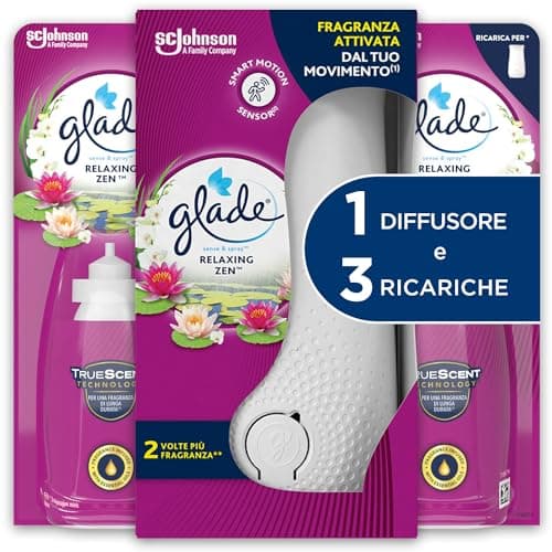 Glade Sense & Spray Profumatore per Ambienti con Oli Essenziali e Sensore di Movimento, Fragranza Relaxing Zen, 1 Diffusore e 3 Ricariche, 2 Pile AA