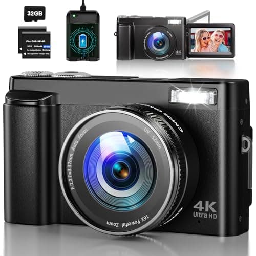 Macchina Fotografica Digitale 4k, 48MP Autofocus Fotocamera con Digitale 180° Schermo Flip, 16X Zoom Digitale Vlogging Camera con Scheda di Memoria 32G 2 Batterie e Caricabatterie per Principianti