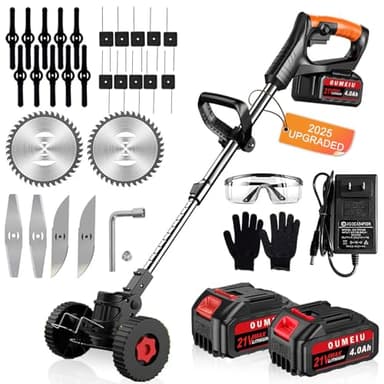 Decespugliatore a Batteria 21V, Tagliabordi Elettrico con 2 4.0Ah Batterie e Lame di metallo,Taglia Erba da Giardino Testata Regolabile e Maniglia Telescopica Tagliaerba Senza Fili per Giardino