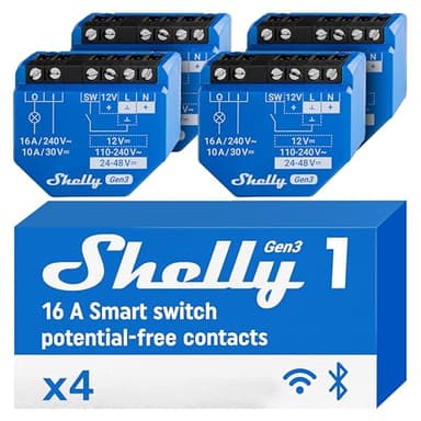 Shelly 1 Gen3, Interruttore Relé WiFi & Bluetooth, 16А, Contatto Pulito, Controllo Remoto e Automazione, Porta del Garage, Illuminazione Intelligente, Senza Hub, Alexa, Google Home (4 Pezzi)