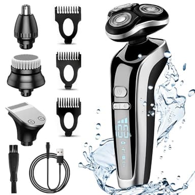 4 in 1Rasoio Elettrico Barba, Unipampa Rasoio elettrico Wet Dry Testina di Ricambio, Tagliacapelli Uomo professionale, Rasoio Naso, con Display LED, USB Ricaricabile Senza Fil, 3 Pettini Regolatori