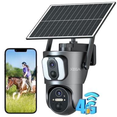 Xega 4G SIM Telecamera Esterno con Pannello Solare【Doppio Obiettivo】 14400mAh 2K HD PTZ Telecamere Senza Fili con Scheda SIM, Rilevamento Umano, Visione Notturna, Rotazione 355°/100°, TF/Cloud XG-08