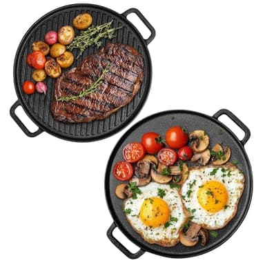Navaris Bistecchiera Ghisa 30 cm - Reversibile con Piastra Piatta e Rigata - Griglia Rotonda per Induzione Gas e Forno - Resistenza al Calore per Barbecue