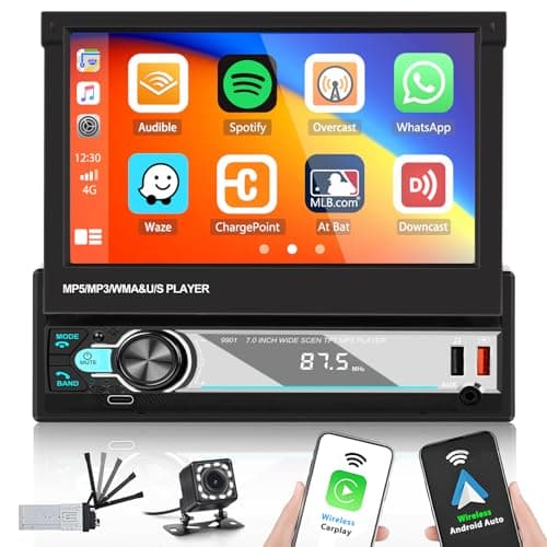 FM AM 1 Din Autoradio Wireless Carplay Android Auto, Stereo Auto Bluetooth con 7 Pollici Schermo Estraibile Radio Auto con Mirror Link EQ Tipo C AUX USB Retrocamera