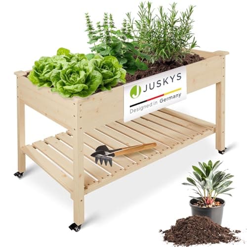 Juskys Orto Rialzato Freya con Ruote - 123 x 83 x 60 cm - Cassone in Legno con Tessuto Non Tessuto & Ripiano - Per Balcone, Erbe, Insalate, Ortaggi, Terrazza, Giardino
