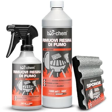 Bio-Chem - Rimuovi Resina per fumi 1L + 0,5L + Spugna - Pulitore sgrassante 2 in 1 Pulitore di Resina Spray per Griglie e Barbecue - Manutenzione della griglia del Barbecue