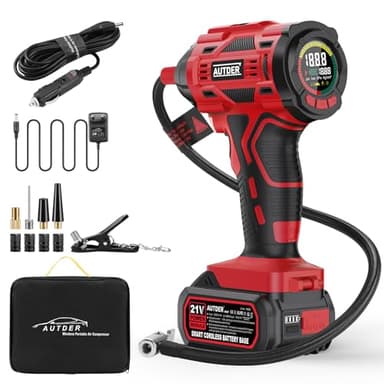 AUTDER Compressore d'Aria Portatile, Gonfiatore Senza Fili 180 PSI con Due Fonti di Alimentazione, Batteria 21V / 12V DC, Manometro Digitale, Spegnimento Automatico, Perfetto per Viaggi (Rosso)