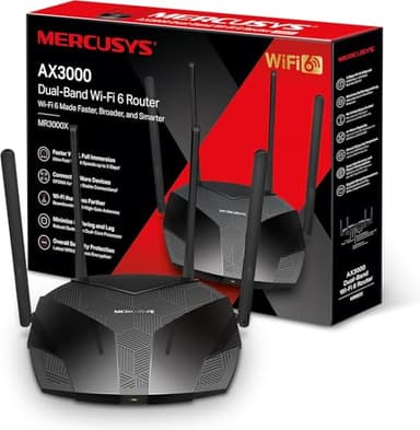 Mercusys TP-Link MR3000X AX3000Mbps Router WiFi 6 Dual-Band, 4 Porta Gigabit, 2402Mbps su 5 GHz e 574Mbps su 2,4 GHz, 4 Antenne Ad Alto Guadagno, OFDMA, WPA3, Canali da 160MHz, Energia Efficiente