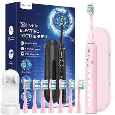 Spazzolino Elettrico Sonico per Adulti Bambini - Spazzolino Denti Sonico Bambini con 8 Testine e Custodia da Viaggio, 5 Modalità, Impermeabile IPX7, Spazzolino Elettrico Bambini 6-12 Anni, Rosa