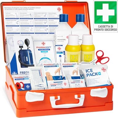 AIESI® Cassetta medica di pronto soccorso ALLEGATO 1 CON SFIGMOMANOMETRO per aziende più 3 dipendenti, Conforme DM388/DL81, Made in Italy