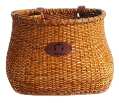 Makimoo Cestino per bicicletta da donna Beach Cruiser o scooter, cestino originale in vimini con portabicchieri integrato per manubrio anteriore, stile vintage classico, fatto a mano, in rattan