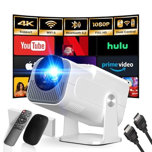 [App integrata] 2024 Upgraded Proiettore 1920 * 1080P 4K Mini Proiettore Portatile Dual Control con Mouse Android TV WiFi 6 BT5.2 180° Rotation HDMI/TV Stick/USB/PS5, con Cavo HDMI e Mouse, Bianco