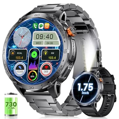 ESFOE Orologio Smartwatch Uomo con 730 mAh Batteria Torcia LED, 1,75'' Smart Watch Uomo con 110+ Modalità Sport, Impermeabile 5ATM Smartwatch Militare con Frequenza Cardiaca 24/7, SpO2 per Android iOS