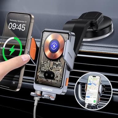 NOHON 15W Qi Caricatore Wireless Auto：Supporto Telefono Auto Wireless con Clip Ventosa per iPhone 15 14 13 12,Samsung,Xiaomi,OPPO,360° Rotazione Auto-Bloccaggio Porta Cellulare Ricarica Wireless Auto