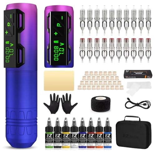 EZ Kit Tatuaggi - Tattoo Pen Machine Kit Completa con Macchinetta Tatuaggi, 20pezzi Aghi per Cartucce Tatuaggio, 1800mAh Alimentazione Batteria per gli Artisti del Tatuaggio (P2S Viola)