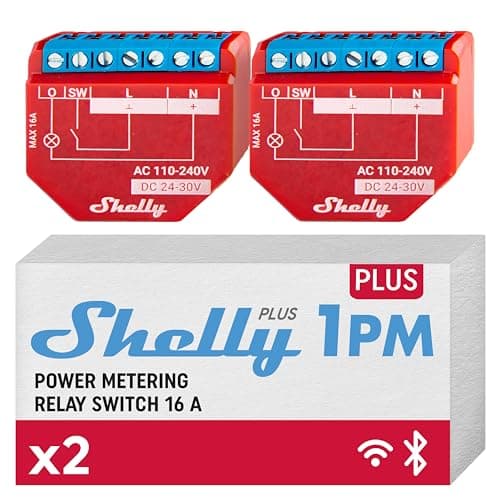 Shelly Plus 1PM, Relè Interruttore Intelligente, Confezione de 2, Wi-Fi e Bluetooth, Misuratore di Potenza, Domotica, Compatibile con Alexa e Google Home, App iOS Android, Nessun Hub Richiesto