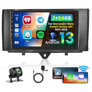 Inefala 2+64GB Android 13 Autoradio per Mercedes-Benz Smart Fortwo 451 2011-2015 Stereo 9 Pollici Schermo Touchscreen con Wireless Carplay Android Auto con Bluetooth, GPS, SWC, Retrocamera AHD